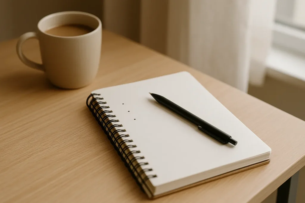 Horizontal photo of a spiral notebook with a pen and a warm mug on a wooden desk in natural light, ready to list next steps.
