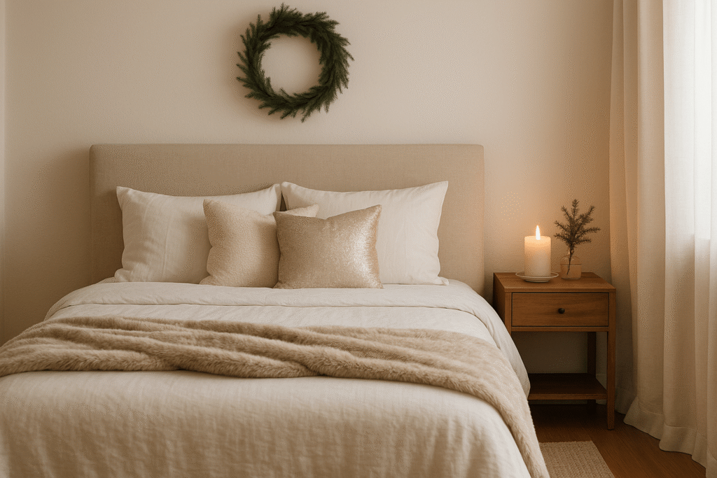 Neutral Christmas bedroom with linen bedding, faux-fur throw, shimmer pillows, and a simple wreath.