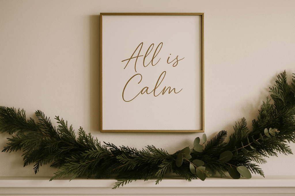 Minimal holiday print in a brass frame over greenery garland for a refined look.