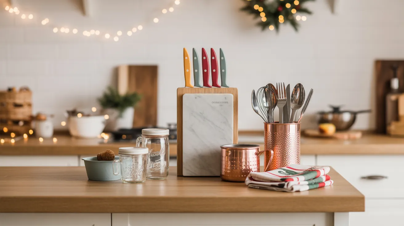 Cozy kitchen counter styled with unique gifts for the cook who has everything, including colorful knives, a marble board and mason jar measuring cups.