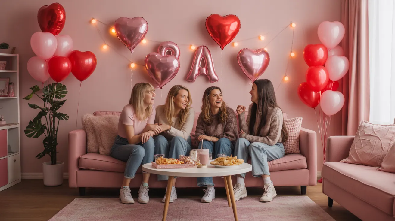 Galentine’s Day ideas a fun girls party for Valentine’s Day with girlfriends laughing in a pink, heart-filled living room.
