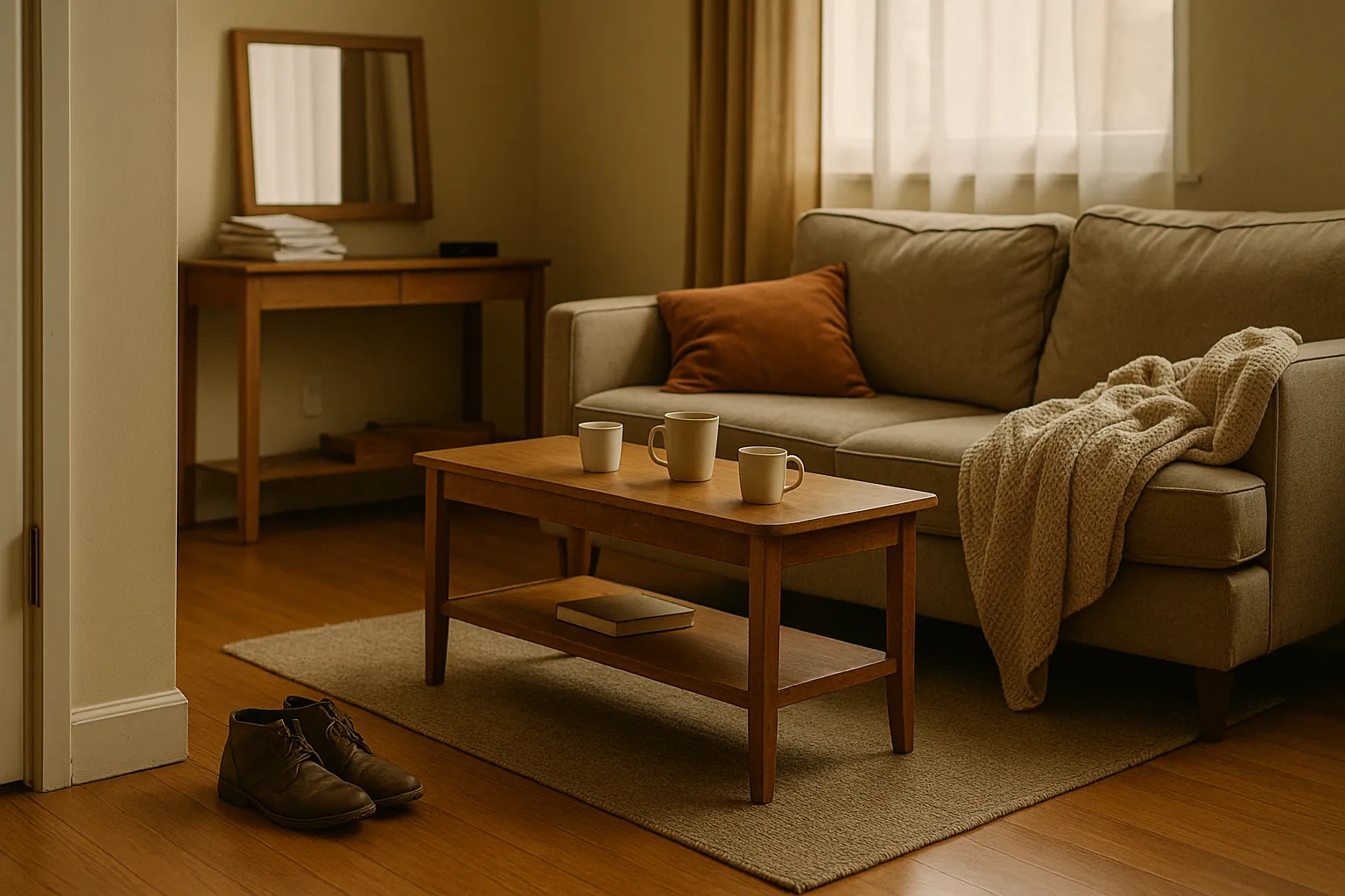 Real-life living room showing everyday home clutter habits like shoes, cups and blankets making the space look messy.
