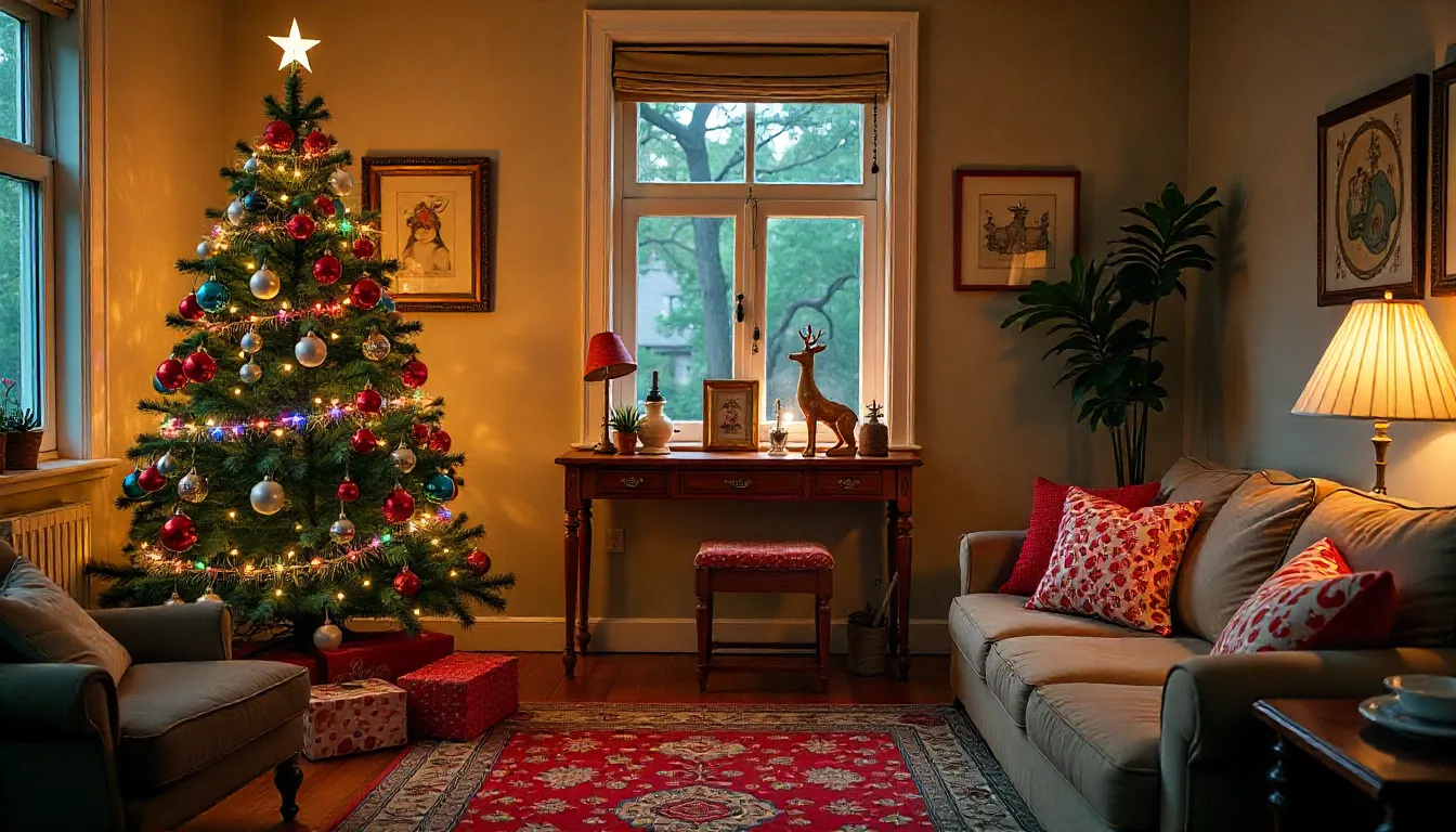 A cozy living room filled with colorful retro holiday decor, perfectly showing The BEST Kitschy Christmas Ideas in one playful space.