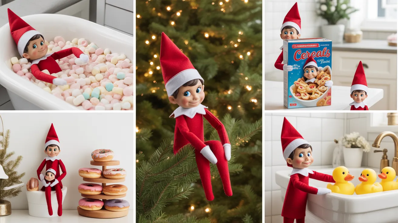 “Collage of fun Elf on the Shelf ideas showing the elf in a marshmallow bath, in a cereal box, on the Christmas tree and with festive props, inspired by Fun Elf on the Shelf Ideas.