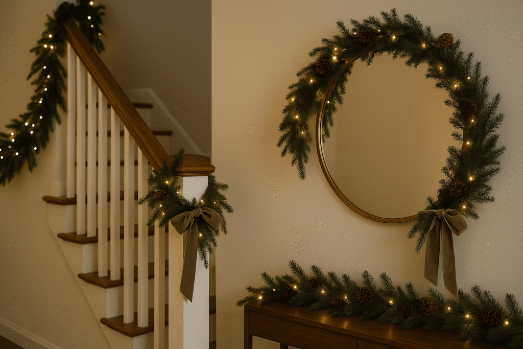 Elegant garland on a stair rail and around a round mirror with velvet ribbon and pinecones.