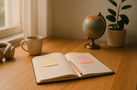 horizontal cozy desk with an open notebook, two blank sticky notes, a mug, small globe, and plant by a bright window, symbolizing gentle curiosity and wider perspectives