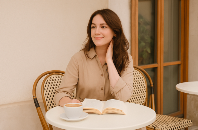 a woman sitting alone at an outdoor café table with a cup of coffee and an open book, enjoying a peaceful solo date in a warm, cozy setting