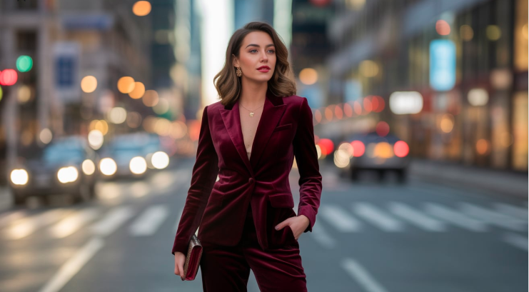 Glamorous holiday party outfit ideas – woman wearing a chic burgundy velvet pantsuit in a city street at night with blurred car lights in the background.