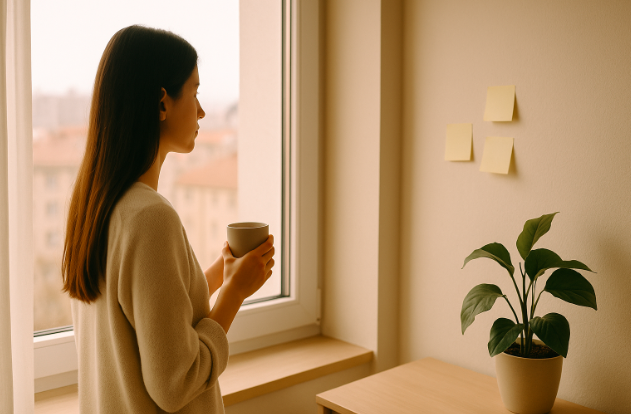 woman standing by a bright apartment window holding a mug, looking outside with sticky notes on the wall and a plant nearby, symbolizing a calm moment to gently review her life choices and habits