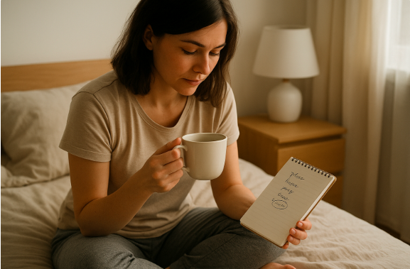 woman sitting on the edge of her bed in the morning with a mug in one hand and a small notepad in the other, choosing how she wants to feel today in a peaceful sunlit bedroom