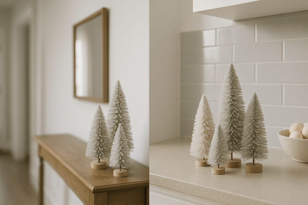 Small tabletop Christmas trees styled in subtle groups on a console and kitchen counter.