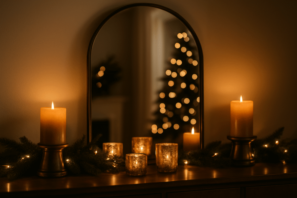 Candles and fairy lights reflecting in an arched mirror; blurred tree glow doubles the light.