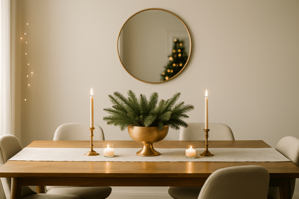 Minimal dining table with one statement centerpiece—gold pedestal bowl of evergreens with candles.