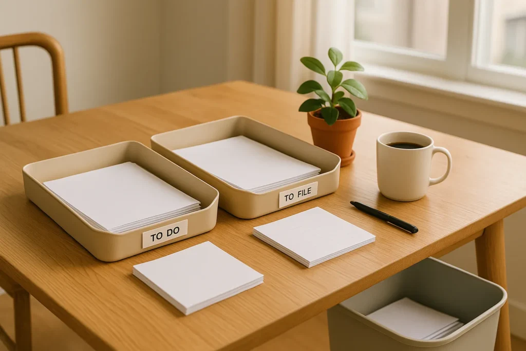 A simple paper sorting station with labeled piles, showing practical Things To Declutter This Weekend to tame mail and documents.