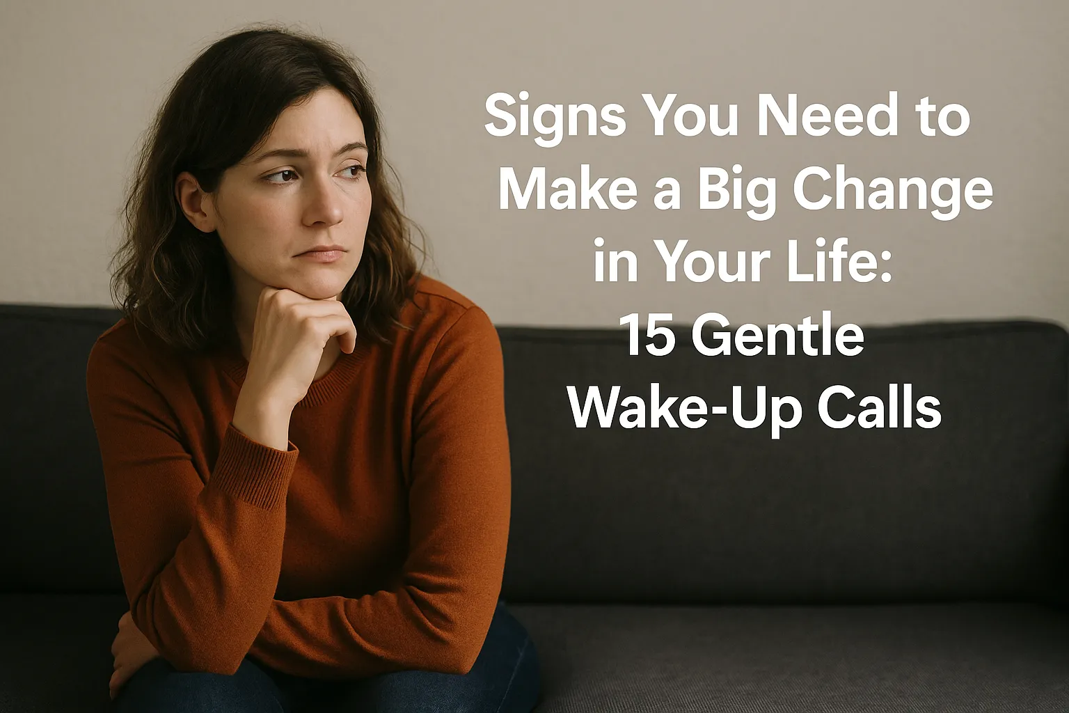 woman sitting on a dark sofa in a neutral room, resting her chin on her hand and staring off to the side, representing someone quietly realizing they may need a big change in their life
