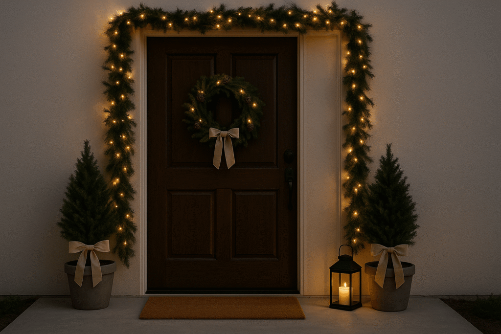 Horizontal entryway with door garland, neutral wreath, twin potted evergreens, and a lantern glow.