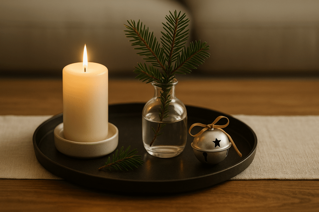 Minimal holiday tray with candle, mini vase of cedar, and a single jingle bell ornament.