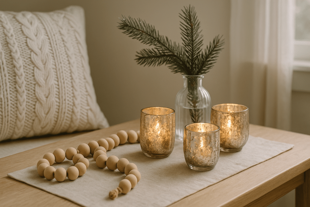 Cozy holiday textures—cable-knit pillow, wood bead garland, mercury-glass votives, and cedar sprig.