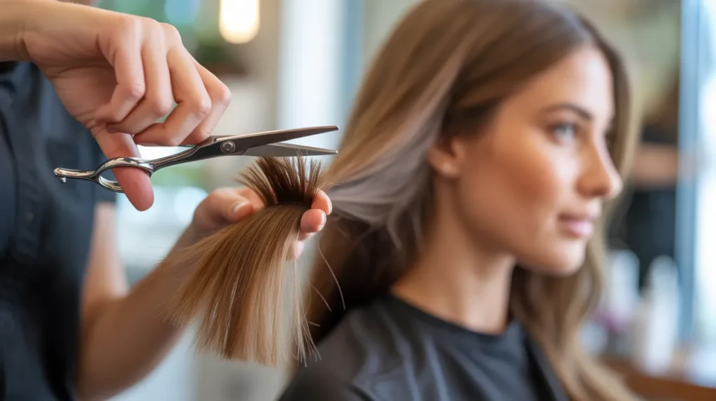 Hairstylist trimming just the dry, split ends of a woman’s long hair in a calm salon, focusing on keeping the hair looking fresh and healthy.