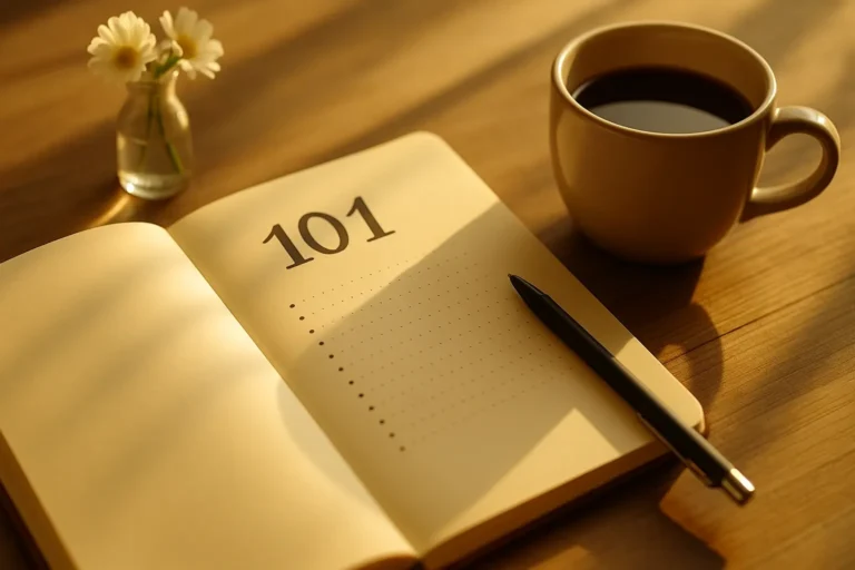 open notebook with a long gratitude list, pen, and coffee mug in warm morning light on a wooden table, symbolizing 101 things to be grateful for every day