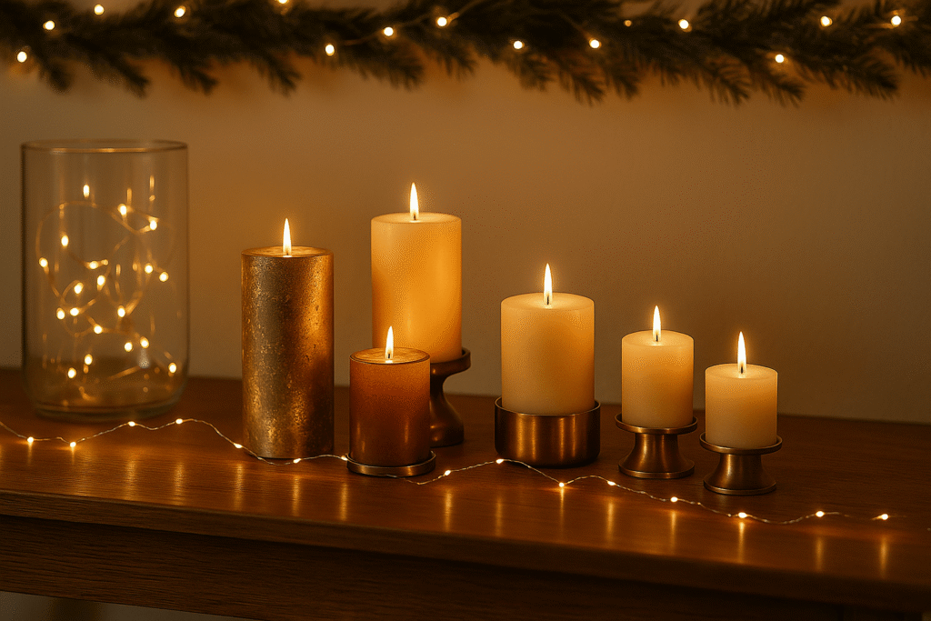 Horizontal scene of candles and warm fairy lights on a wooden console with evergreen garland.