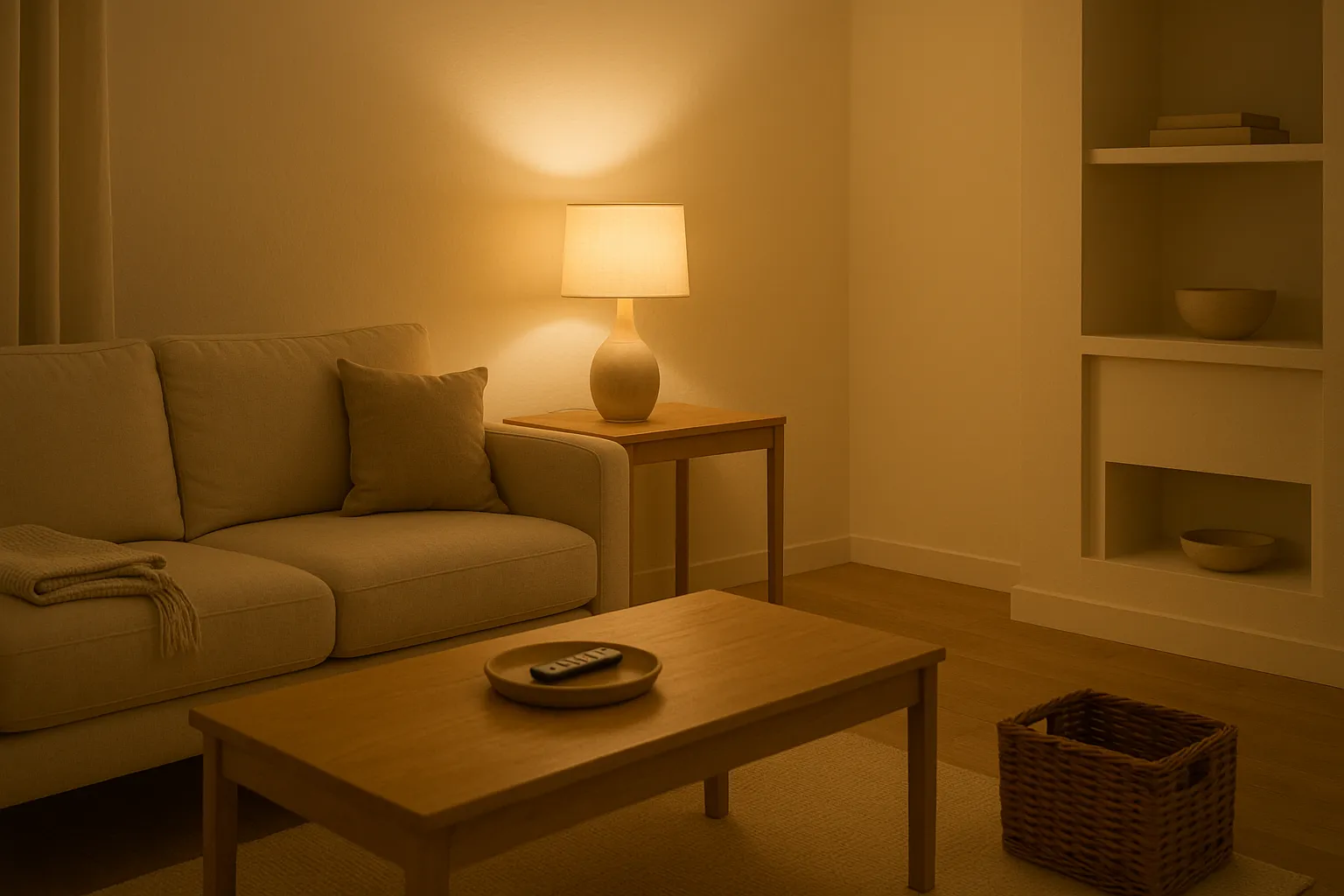 Calm living room styled after a 15 minute living room reset routine with tidy surfaces and warm lighting.