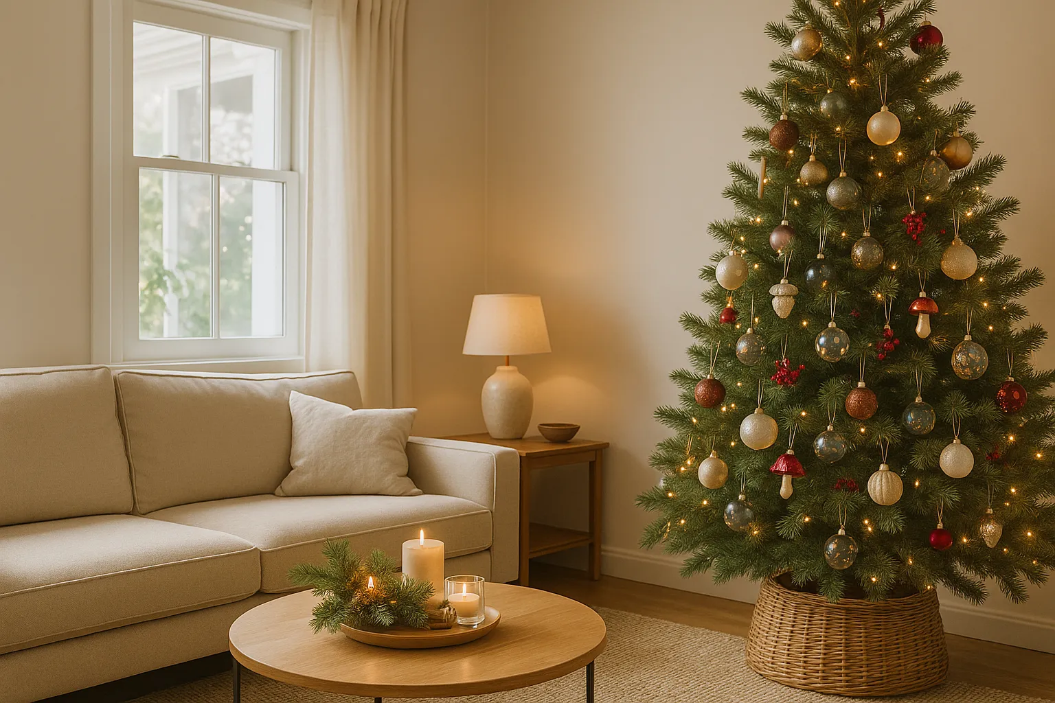 A cozy modern living room decorated with trending holiday decorations, including a glowing Christmas tree, candles, and greenery, creating a warm festive atmosphere.