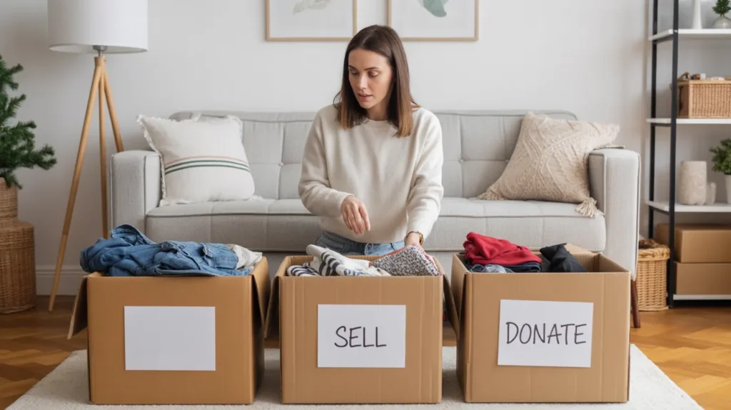 Woman sorting clothes into cardboard boxes labeled sell and donate in her living room, following decluttering and cash-boosting tips from yourselflovehub.com.