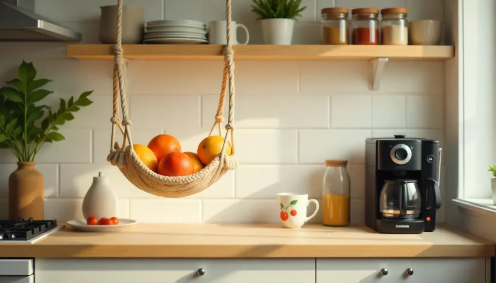 A compact first apartment kitchen styled with practical First Apartment Gifts like a blender, fruit storage, and a favorite mug.