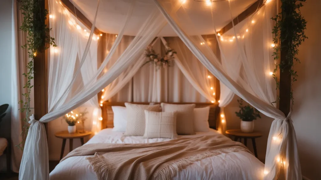 Romantic boho bedroom with four-poster bed, sheer canopy, string lights and plants, dreamy inspiration for Bohemian bedroom ideas