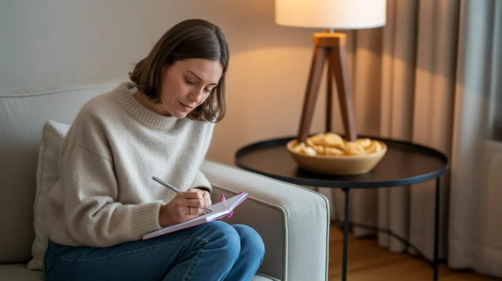Scene of a woman journaling on the couch while a snack bowl sits untouched in the background, capturing emotional awareness themes from Yourself Love Hub.