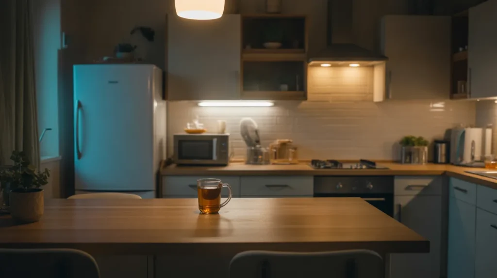 Dim, peaceful kitchen at night with clean counters and only a mug of herbal tea under soft light, illustrating nighttime boundaries from the 15 habits of women who are always skinny.
