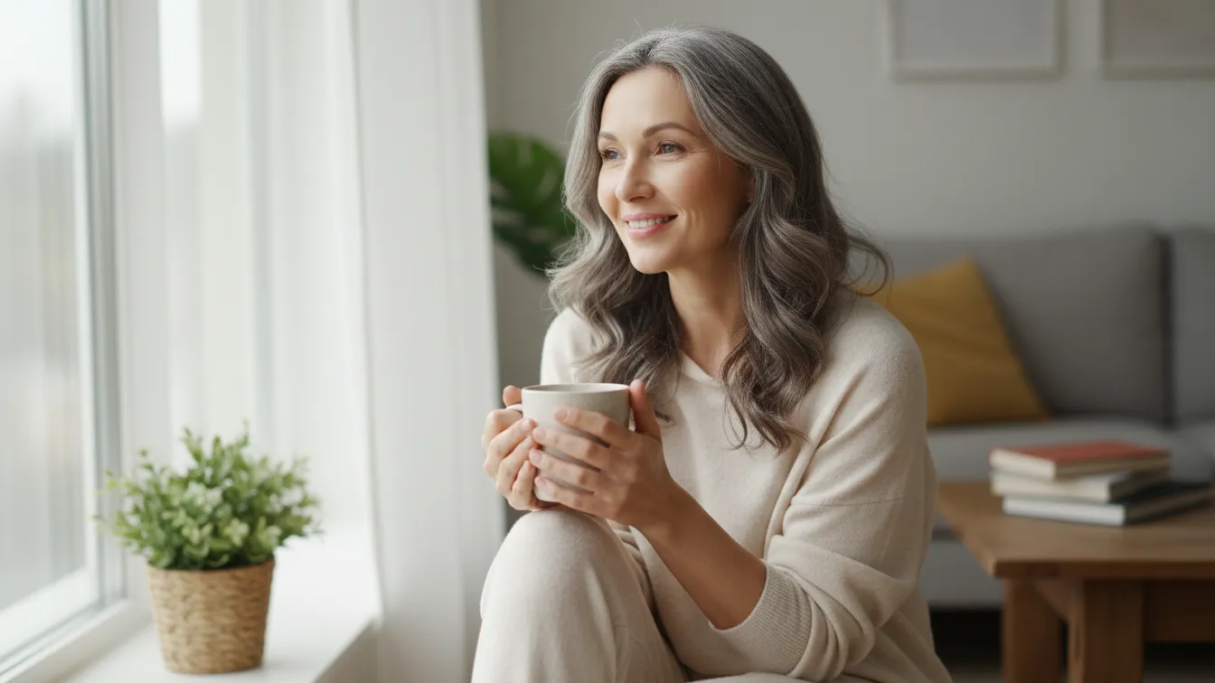 Midlife woman smiling softly in natural light holding a mug by the window showing the calm glow that comes from the 11 habits of women who age slowly