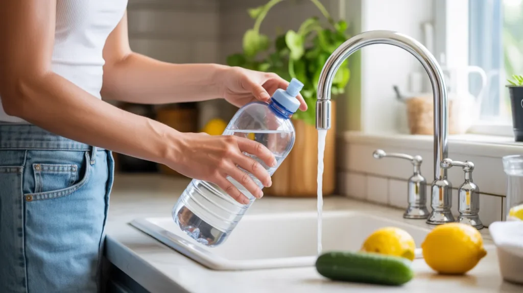 Close-up of a woman refilling a large reusable water bottle at a bright kitchen sink with sliced lemons nearby, feeling like a refreshing hydration shot for Yourself Love Hub.