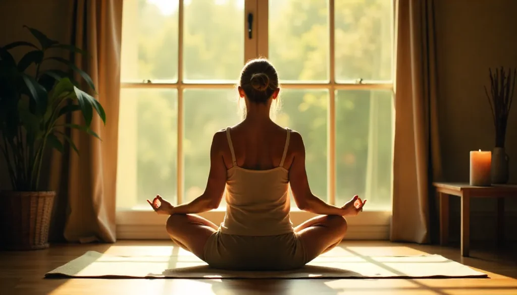Woman meditating cross-legged on a mat by a window with a plant and candle, visualizing stress-management habits within the 15 habits of women who are always skinny.