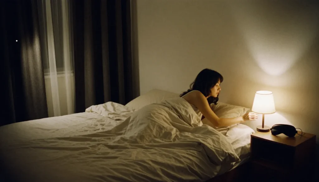 Cozy bedroom at night with a woman turning off her bedside lamp as she settles into neatly made neutral bedding, matching sleep tips shared on Yourself Love Hub.