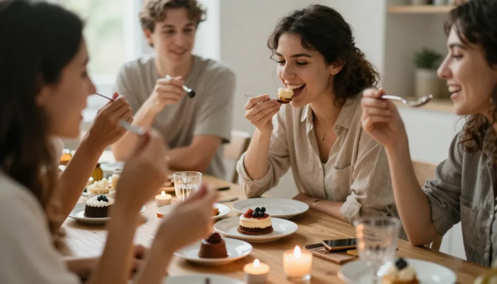 Woman laughing with friends around a table while sharing a single slice of cake at a small celebration, highlighting special-occasion sweets in the 15 habits of women who are always skinny.
