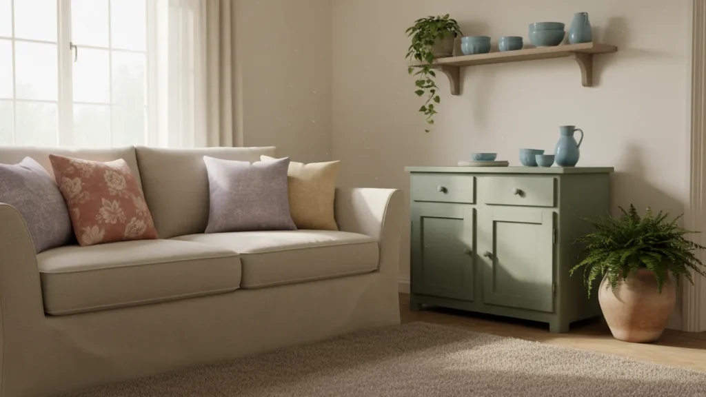 Soft neutral cottage living room with sage, dusty rose and terracotta accents that illustrate a calming cottagecore aesthetic color palette.