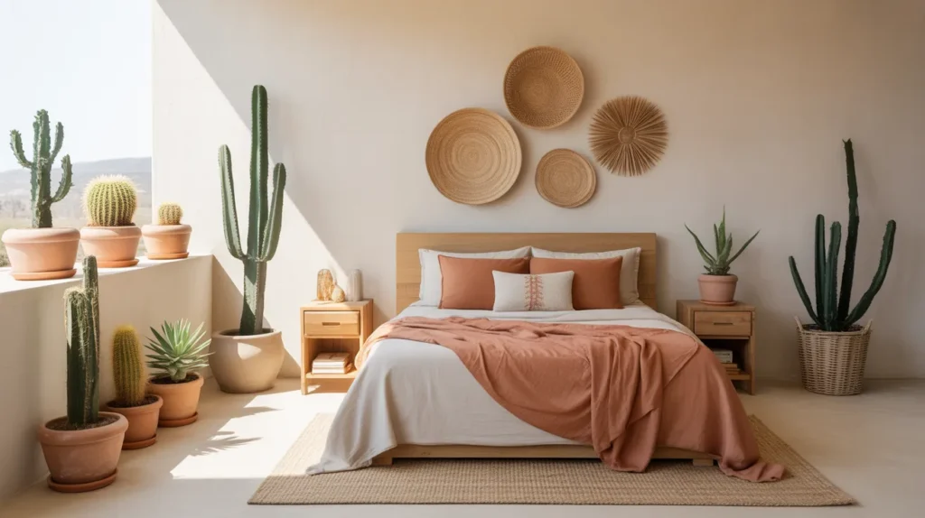 “Desert-inspired boho bedroom with cacti, terracotta pots, earthy textiles and jute rug creating a warm oasis look for yourselflovehub.com”