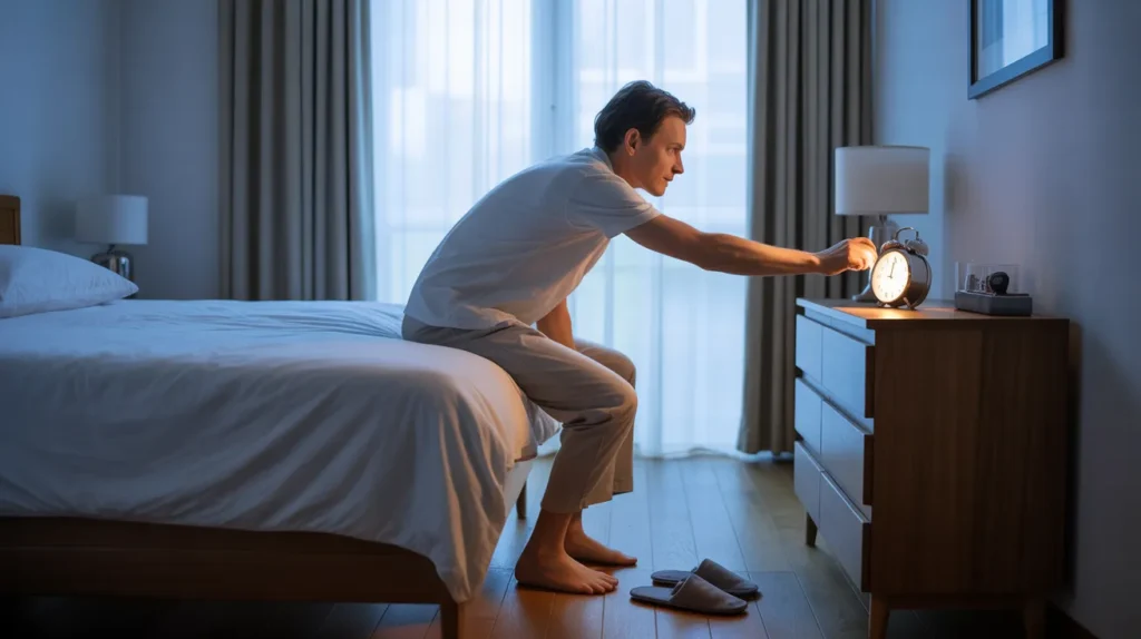 Alarm clock across the room as man steps out of bed, simple fatigue fighting habit to supercharge your mornings.