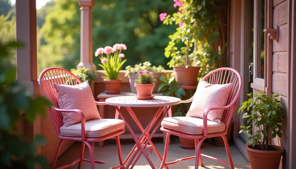 Small cozy pink patio corner with bistro chairs, blush wall, potted plants and lanterns styled as a relaxing outdoor nook for yourselflovehub.com.