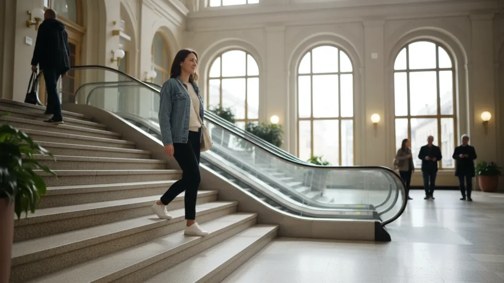 Woman choosing the stairs over the escalator in a bright public space, showing gentle lifestyle upgrades featured on Yourself Love Hub.