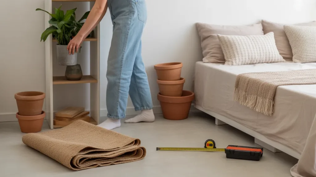 In progress makeover scene with plants, folded rug, pillows and tools around a partially styled bed, weekend project inspiration from yourselflovehub.com
