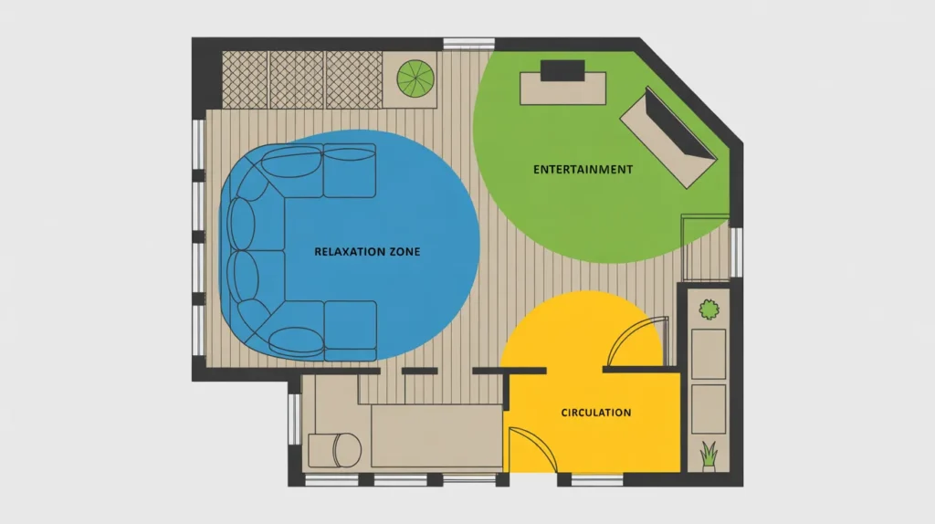Genius decluttering ideas for the living room shown as a three-zone floor plan diagram.