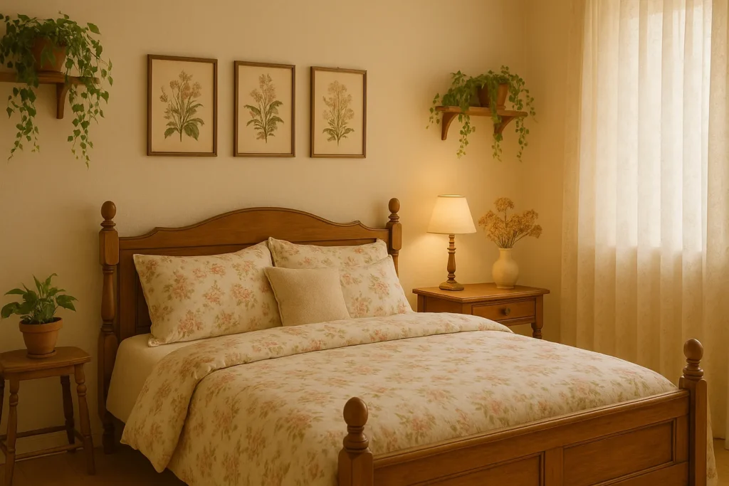 Romantic cottage style bedroom with floral bedding, vintage wood bed and trailing plants on shelves, soft cozy twist on Botanical Bedroom Ideas