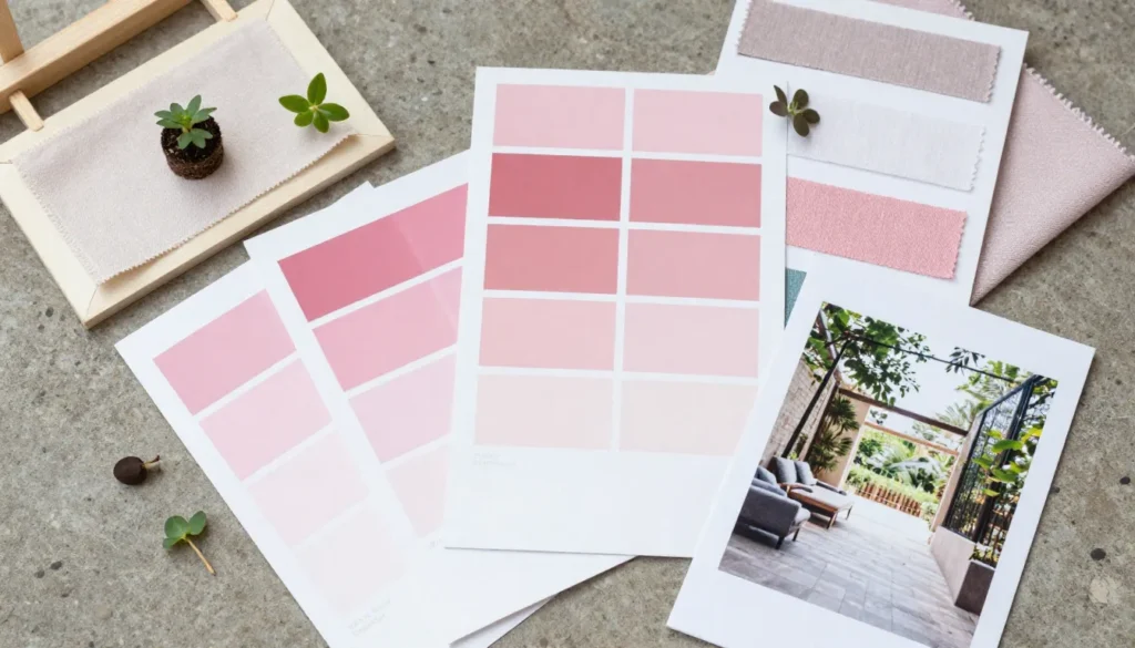 Designer flat lay with pink paint swatches, fabric samples, greenery and sketches illustrating how to plan fun pink patio design ideas with the right shade.