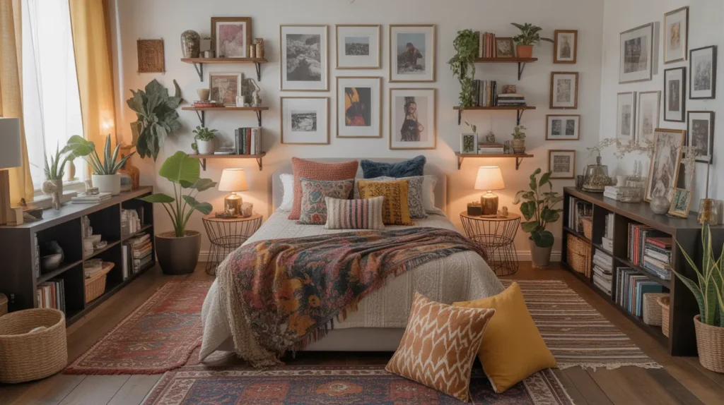 “Maximalist boho bedroom layered with patterned rugs, pillows, plants and gallery wall, bold styling example for Bohemian bedroom ideas”