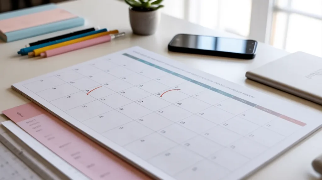 Calendar page with colored checkmarks for each day, tracking fatigue fighting habits to supercharge your mornings over 30 days.