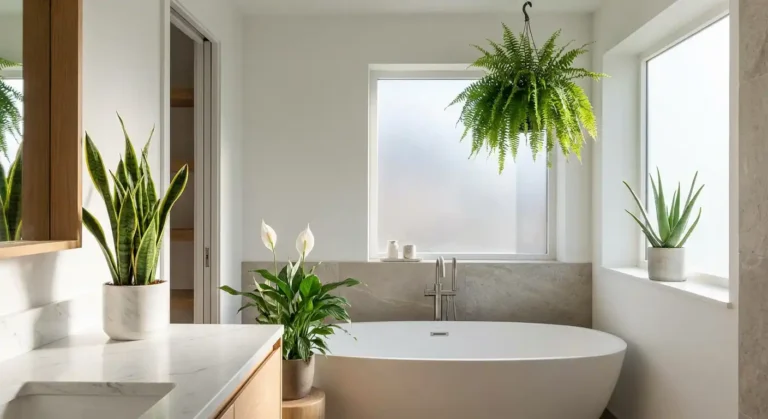 Lush spa-style bathroom with snake plant, Boston fern, aloe vera, and peace lily styled together to showcase Four Unique Bathroom Plants That Can Boost Your Health.