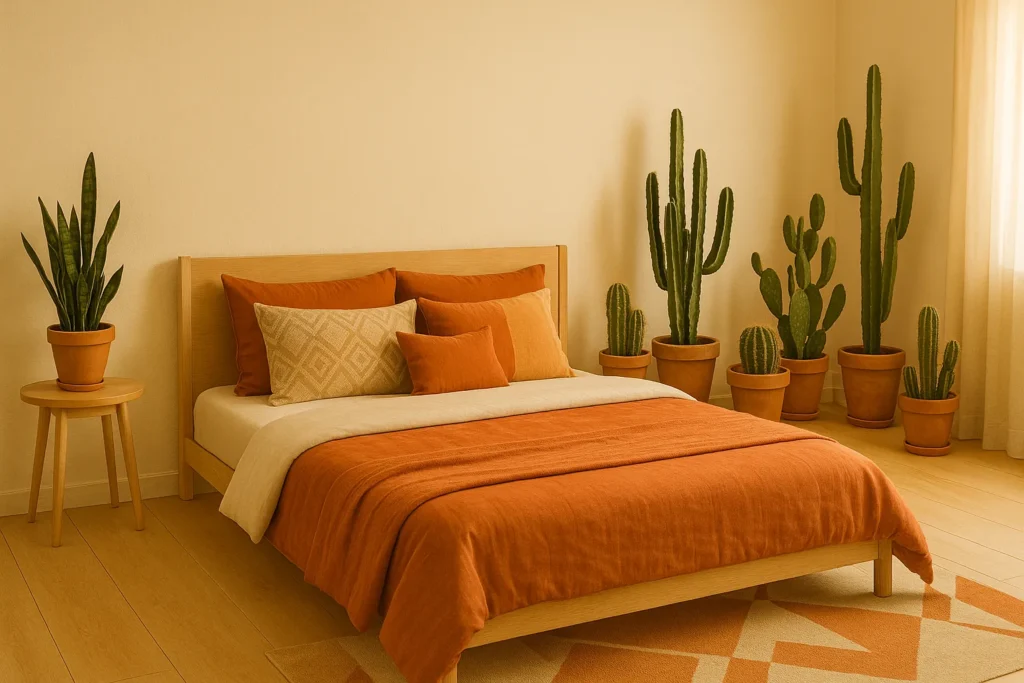 Desert inspired bedroom with white walls, cacti in terracotta pots, rust textiles and simple light furniture, warm modern mood on yourselflovehub.com